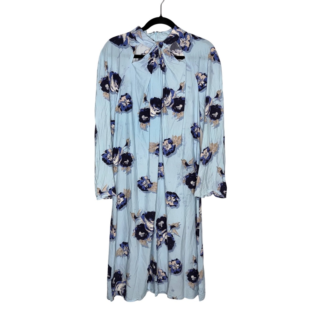 St. John Floral Silk Blend Dress Womens Large Blue Long Sleeve Keyhole Mock Neck